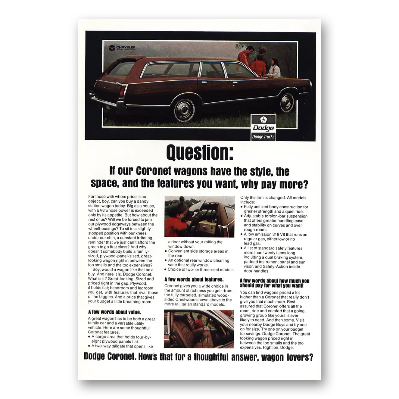 1971 Dodge Coronet Question Vintage Magazine Print Ad