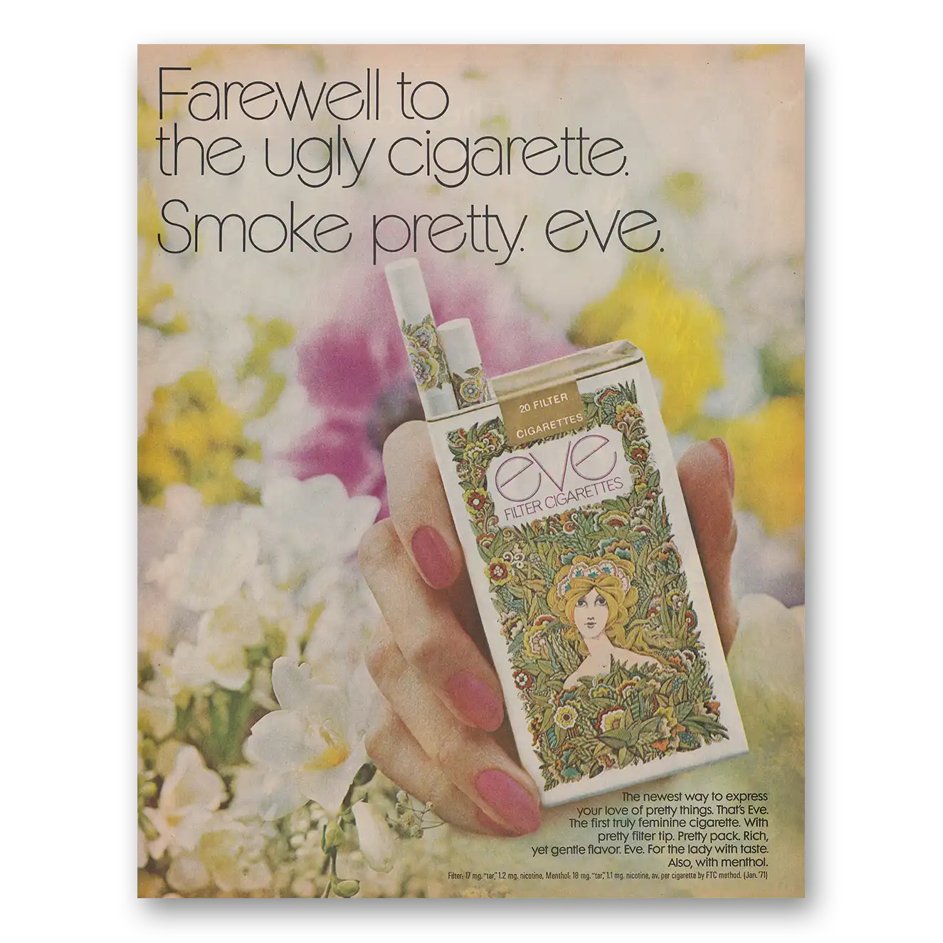 1971 Eve Cigarettes Farewell to the Ugly Cigarette Vintage Magazine Print Ad