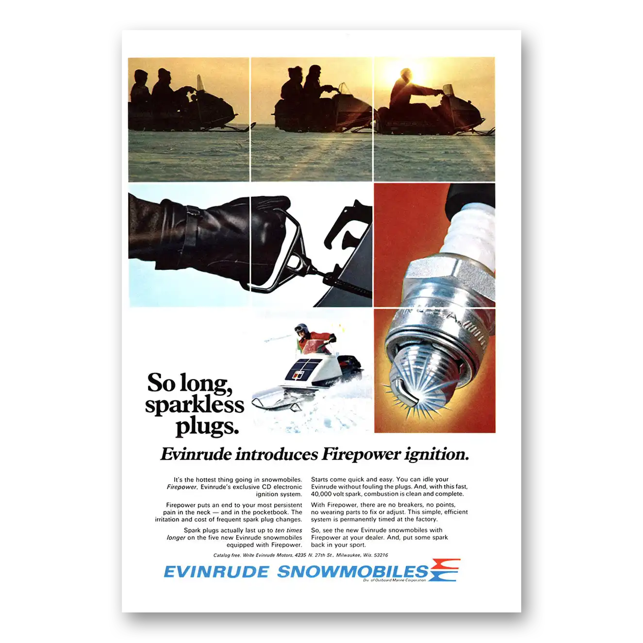 1971 Evinrude Snowmobile So Long Sparkless Plugs Vintage Magazine Print Ad