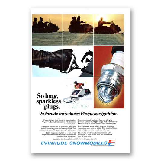 1971 Evinrude Snowmobile So Long Sparkless Plugs Vintage Magazine Print Ad