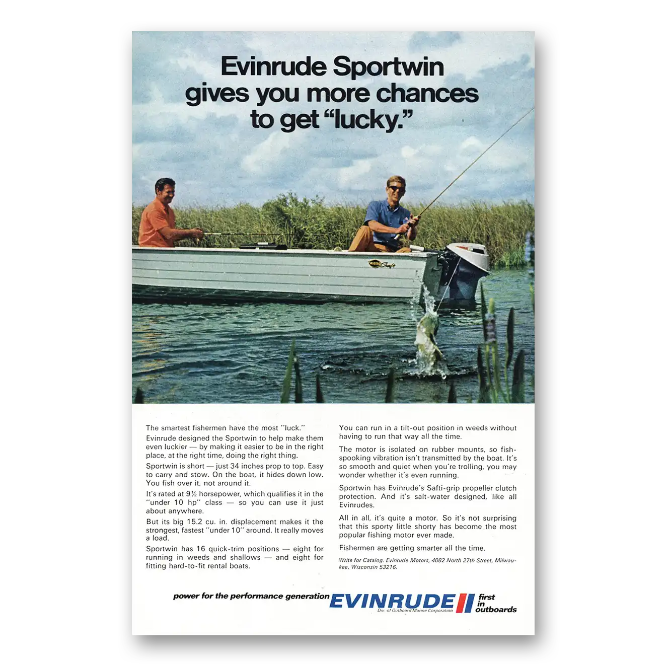 1971 Evinrude Sportwin Gives You More Changes to Get Lucky Vintage Magazine Print Ad