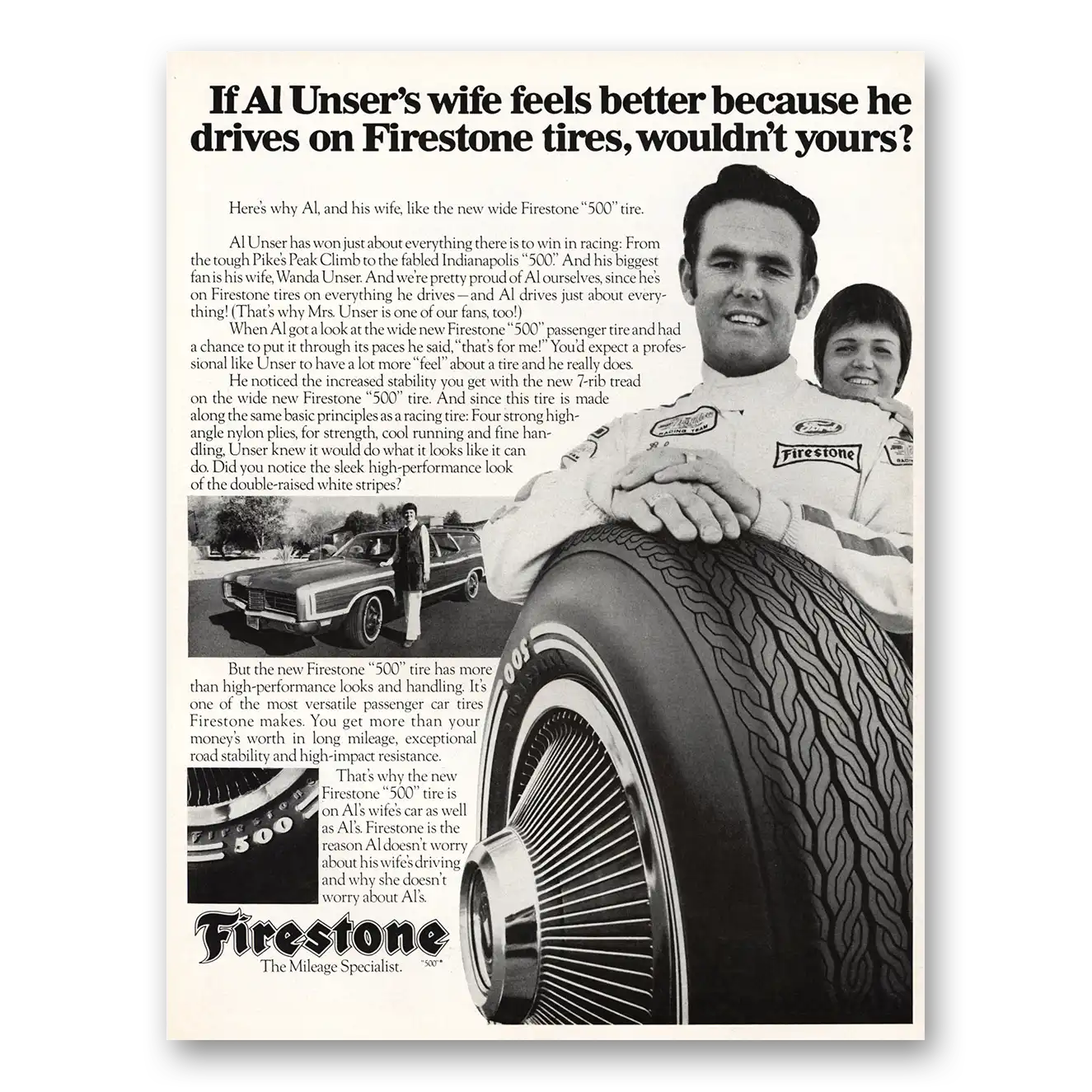 1971 Firestone Tires Al Unsers Wife Feels Better Vintage Magazine Print Ad