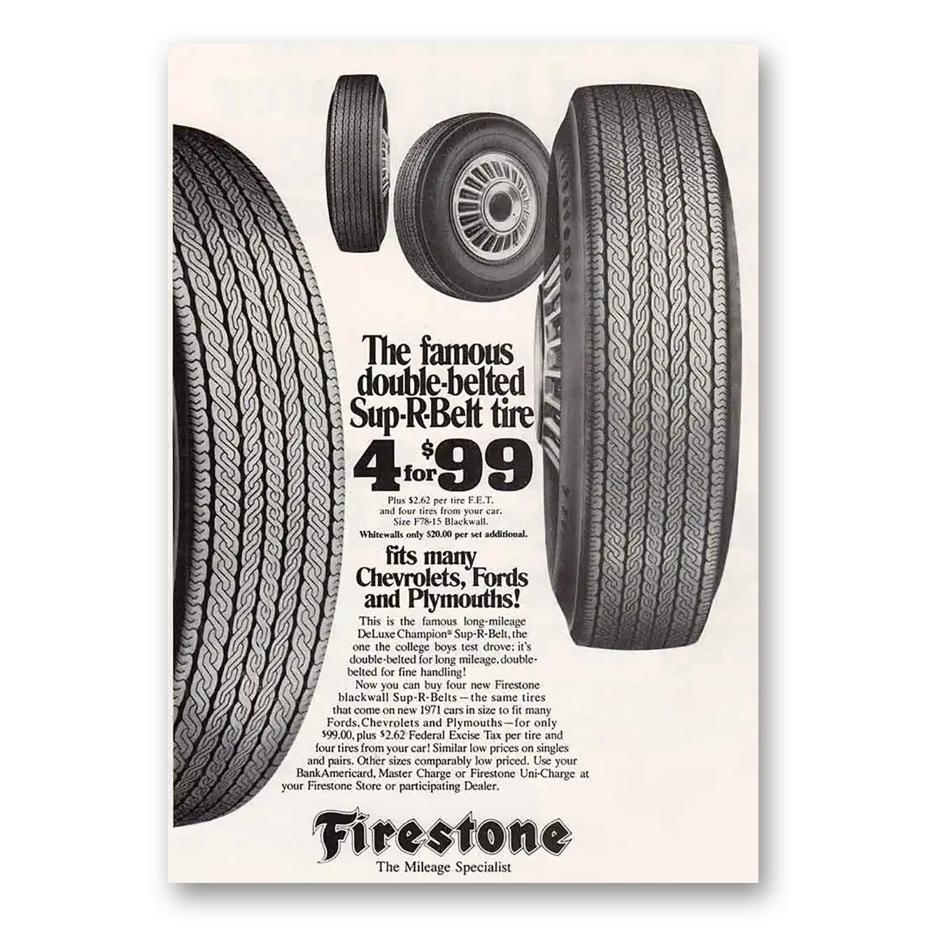 1971 Firestone Tires Sup R Belt Tire Vintage Magazine Print Ad