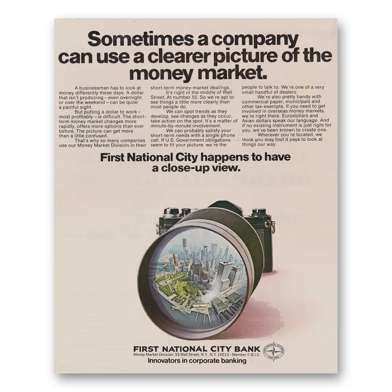 1971 First National City Bank Clearer Picture of the Money Market Vintage Magazine Print Ad