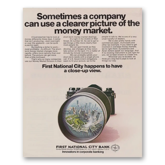 1971 First National City Bank Clearer Picture of the Money Market Vintage Magazine Print Ad