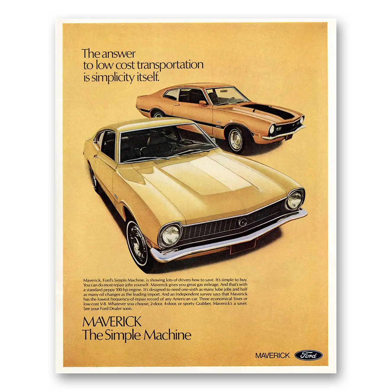 1971 Ford Maverick Simple Machine Vintage Magazine Print Ad