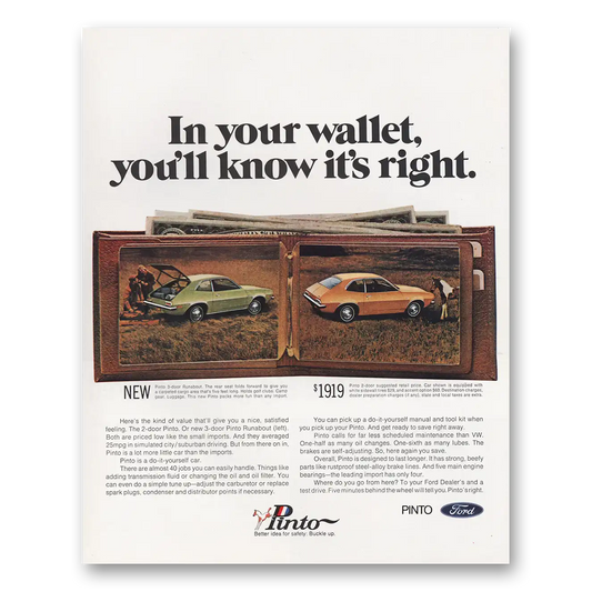 1971 Ford Pinto In Your Wallet Know Its Right Vintage Magazine Print Ad