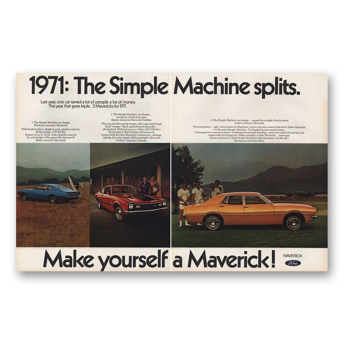 1970 Ford Maverick Simple Machine Splits Vintage Magazine Print Ad