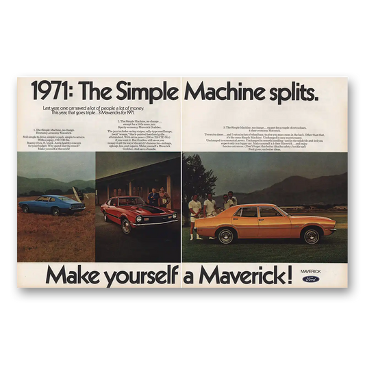 1970 Ford Maverick Simple Machine Splits Vintage Magazine Print Ad