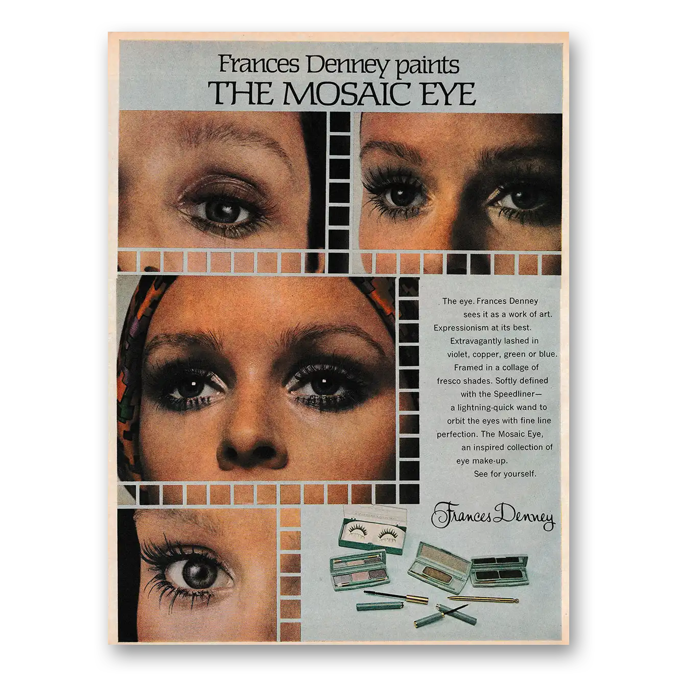 1971 Frances Denney Paints the Mosaic Eye Vintage Magazine Print Ad