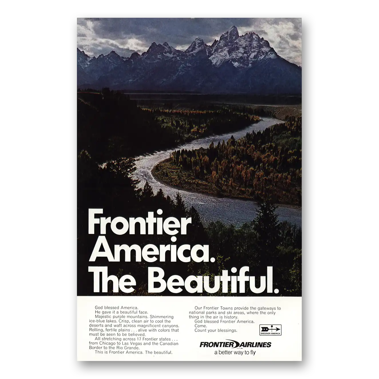 1971 Frontier Airlines America the Beautiful Vintage Magazine Print Ad