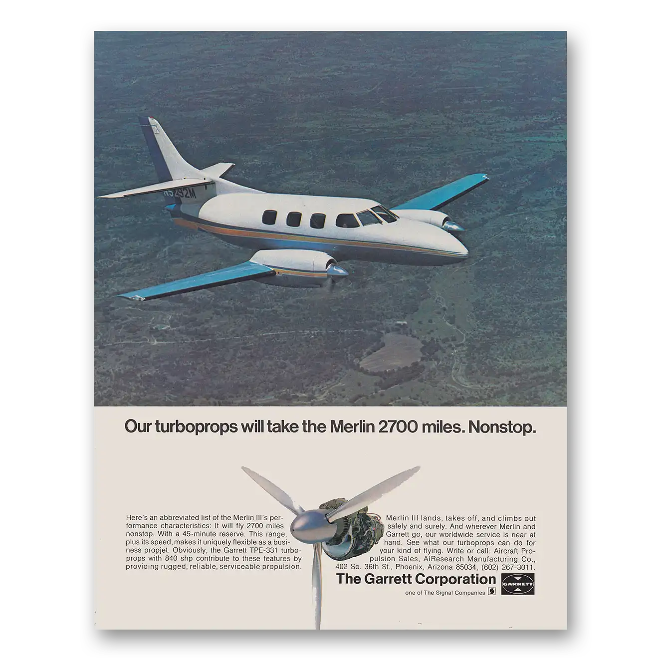 1971 Garrett AiResearch Turboprops Will Take the Merlin 2700 Miles Vintage Magazine Print Ad