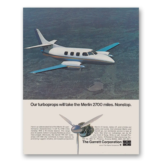 1971 Garrett AiResearch Turboprops Will Take the Merlin 2700 Miles Vintage Magazine Print Ad