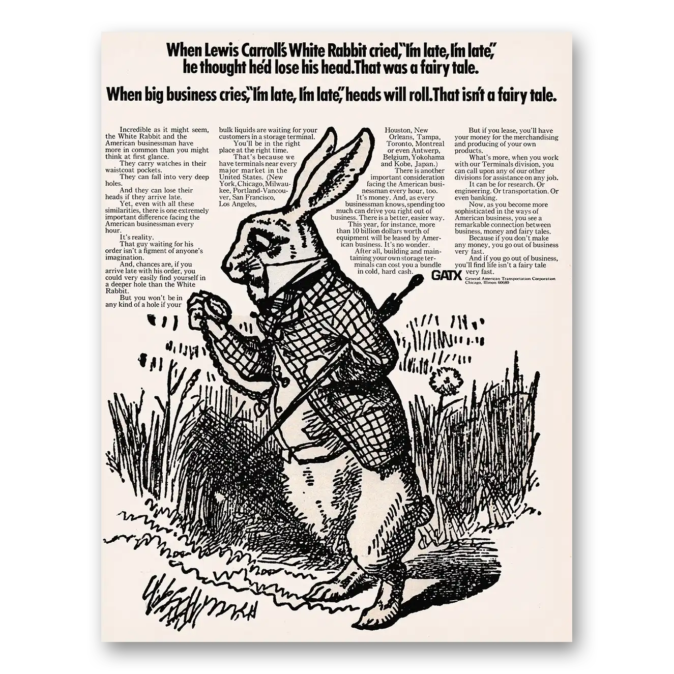 1971 General American Transportation GATX When Lewis Carroll's White Rabbit Vintage Magazine Print Ad