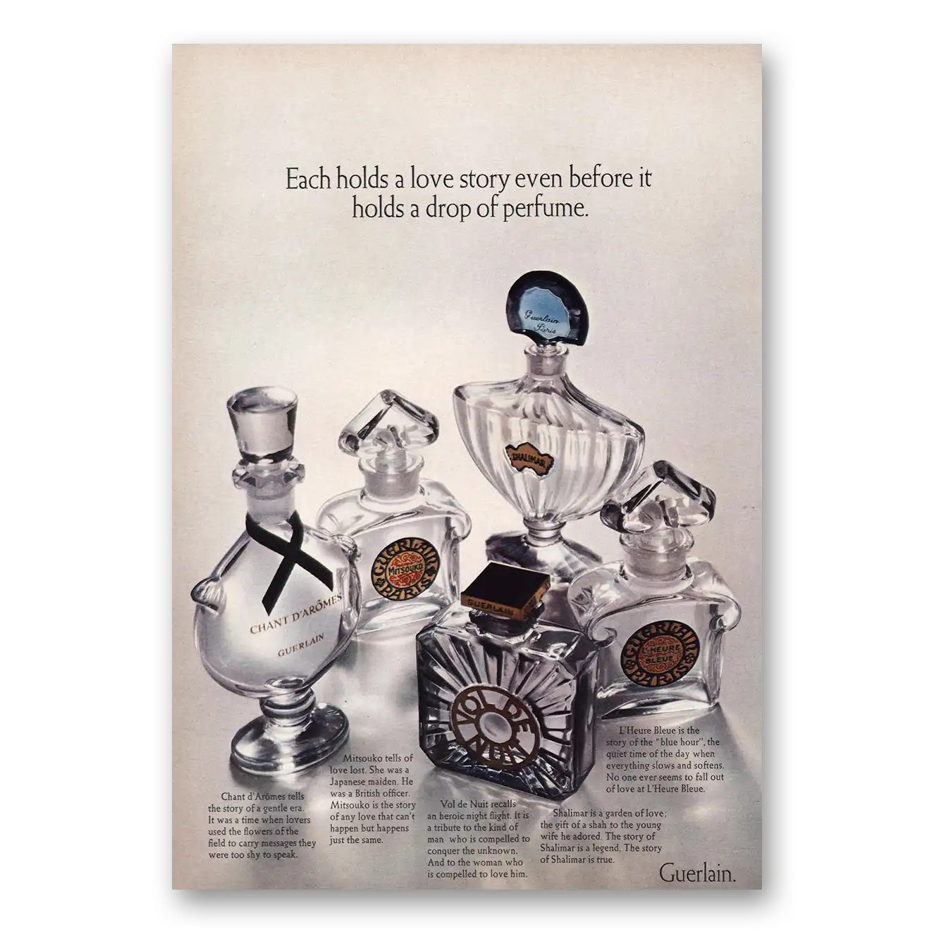 1971 Guerlain Perfumes Each Holds a Love Story Before It Holds a Drop of Perfume Vintage Magazine Print Ad