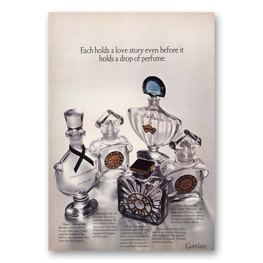 1971 Guerlain Perfumes Each Holds a Love Story Before It Holds a Drop of Perfume Vintage Magazine Print Ad