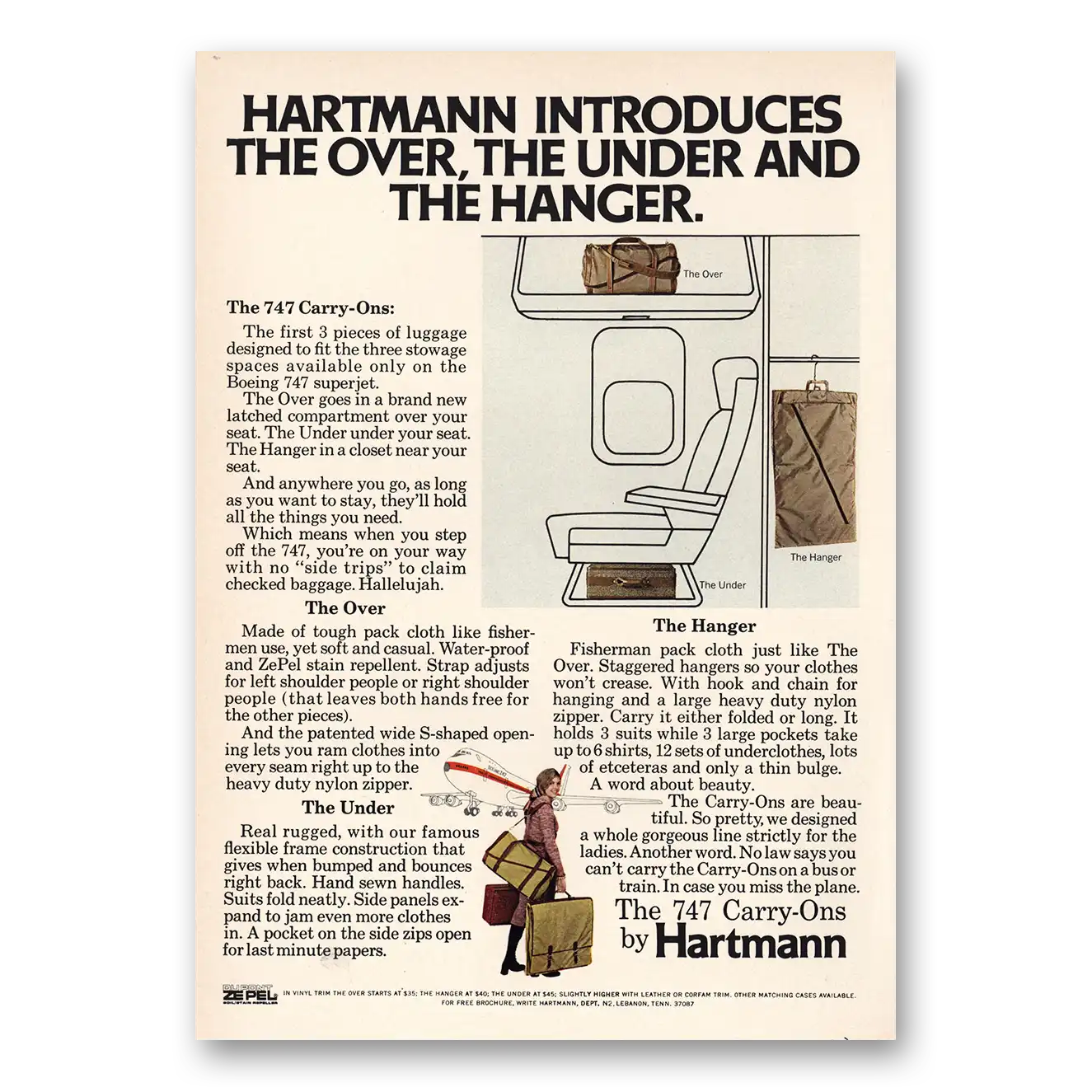 1971 Hartmann Luggage Over the Under and Hanger 747 Carry Ons Vintage Magazine Print Ad