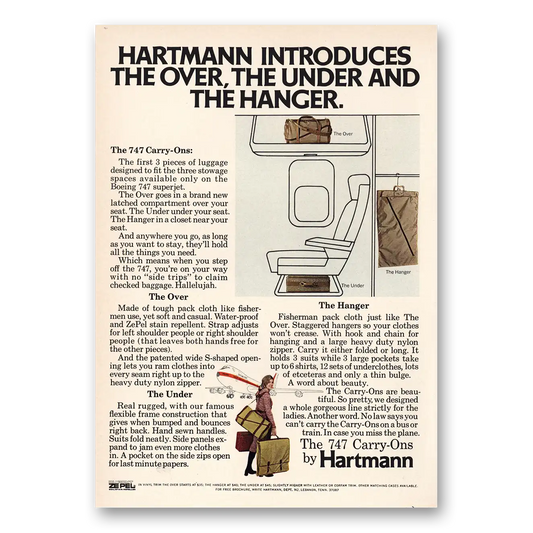 1971 Hartmann Luggage Over the Under and Hanger 747 Carry Ons Vintage Magazine Print Ad