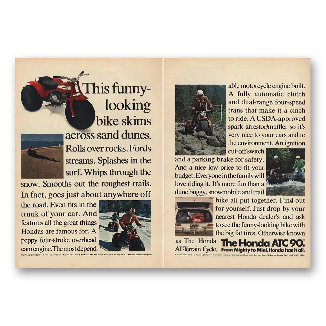 1971 Honda ATC Funny Looking Bike Skims Sand Dunes Vintage Magazine Print Ad