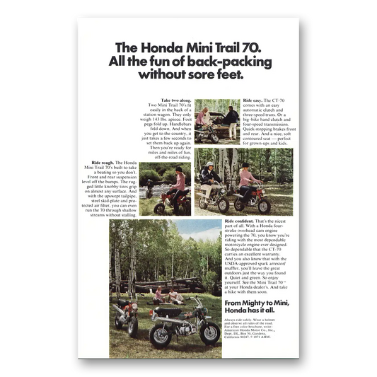 1971 Honda Motorcycle Mini Trail 70 Unknown Vintage Magazine Print Ad