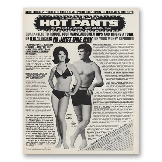 1971 Sauna Belt Hot Pants Reduce Your Waist Abdomen Hips Thighs Vintage Magazine Print Ad