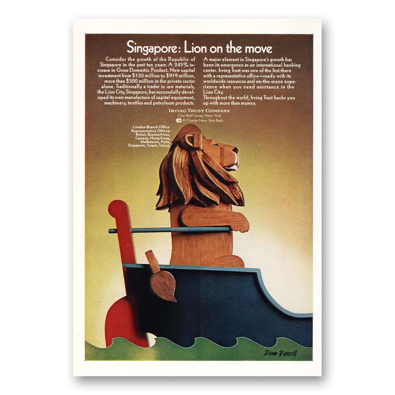 1971 Irving Trust Company Singapore Lion On the Move Vintage Magazine Print Ad