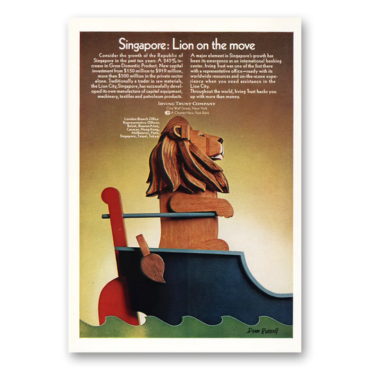 1971 Irving Trust Company Singapore Lion On the Move Vintage Magazine Print Ad