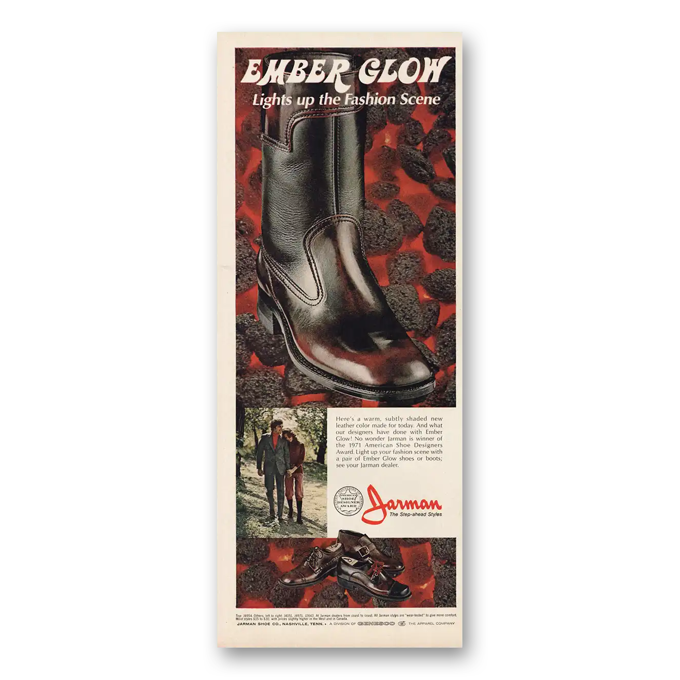 1971 Jarman Shoes Ember Glow Light Up Fashion Scene Vintage Magazine Print Ad