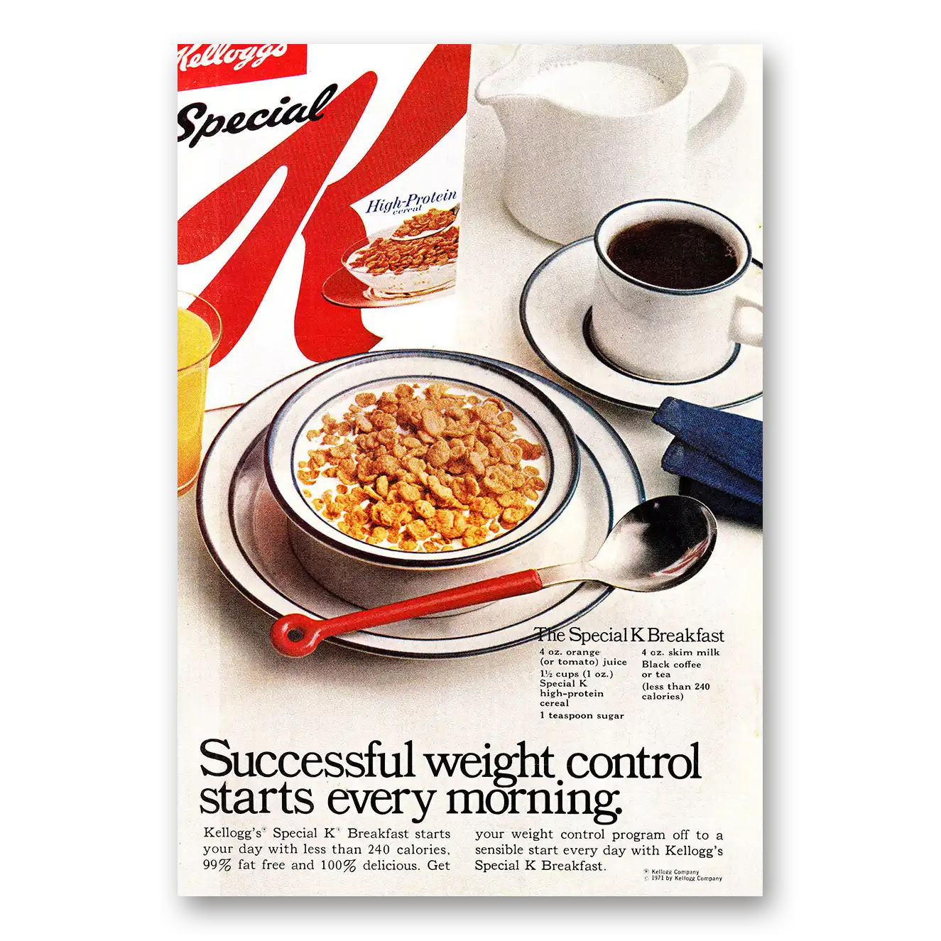 1971 Kelloggs Special K Successful Weight Control Starts Every Morning Vintage Magazine Print Ad