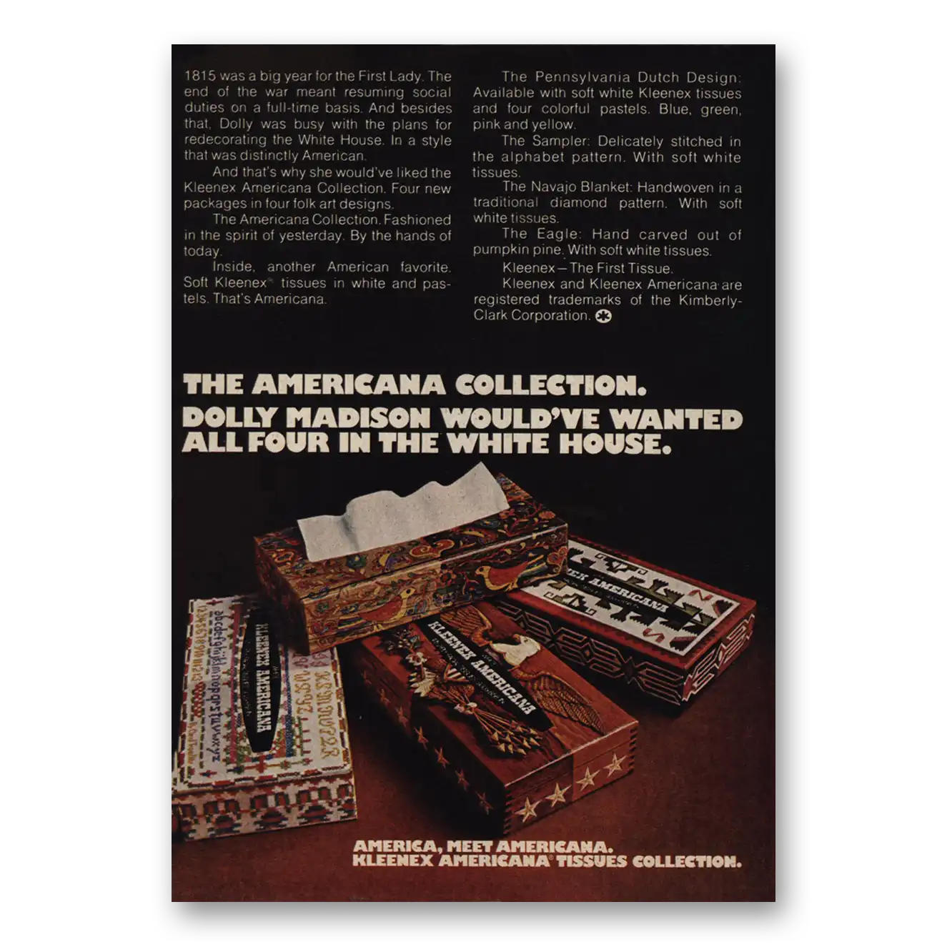 1971 Kleenex Tissues Americana Collection Dolly Madison Vintage Magazine Print Ad