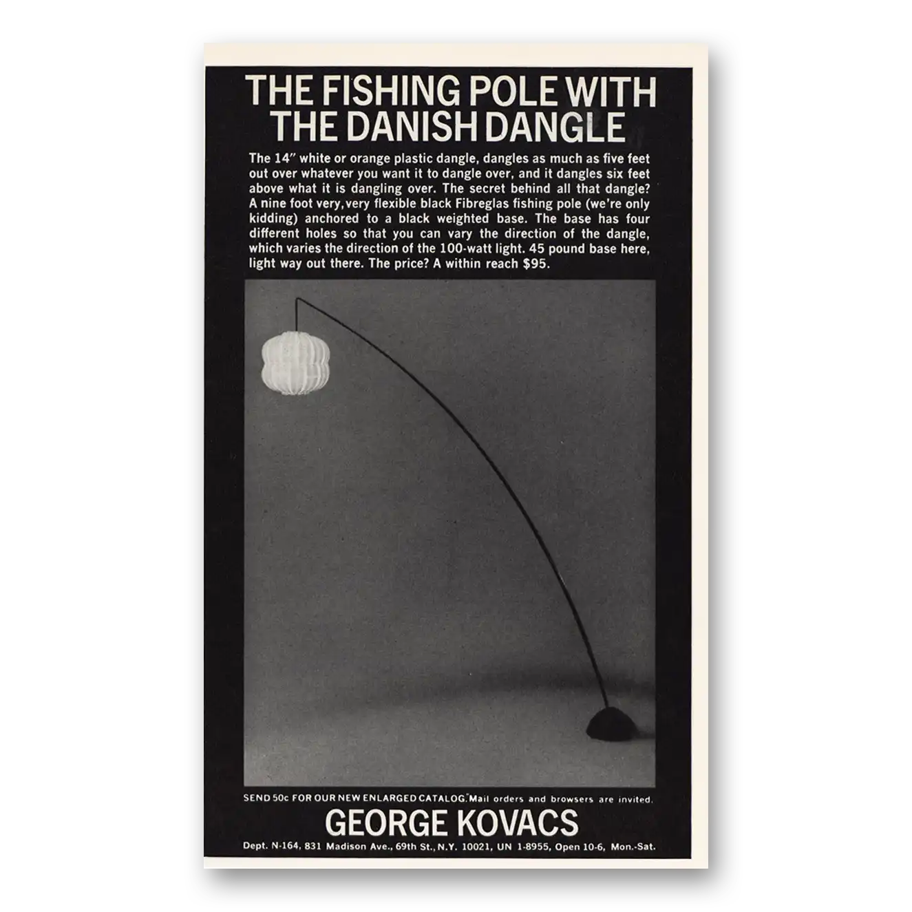 1971 George Kovacs Lamps Fishing Pole with Danish Dangle Vintage Magazine Print Ad