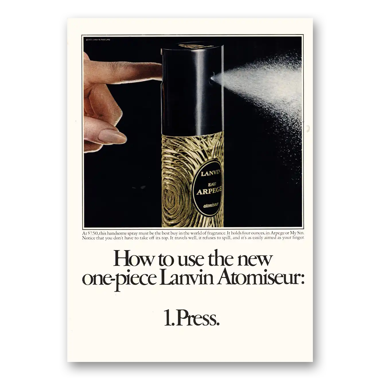 1971 Arpege Perfume Eau Arpege One Piece Lanvin Atomiseur Vintage Magazine Print Ad