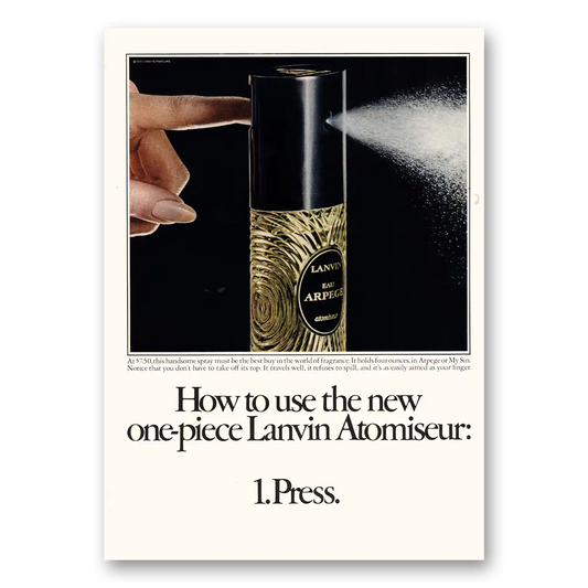 1971 Arpege Perfume Eau Arpege One Piece Lanvin Atomiseur Vintage Magazine Print Ad