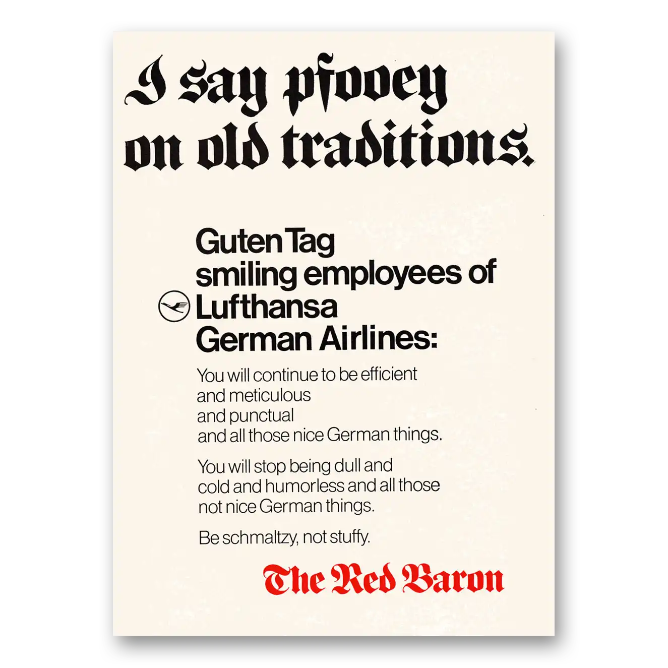 1971 Lufthansa German Airlines Pfooey On Old Traditions Vintage Magazine Print Ad