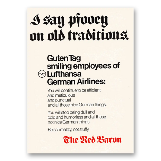 1971 Lufthansa German Airlines Pfooey On Old Traditions Vintage Magazine Print Ad