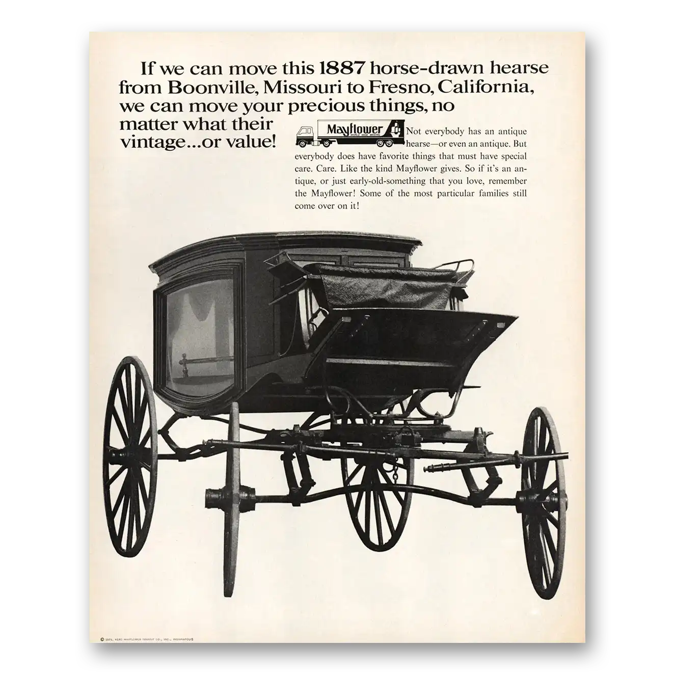 1971 Mayflower Moving Trucks Horse Drawn Hearse Boonville Missouri Vintage Magazine Print Ad