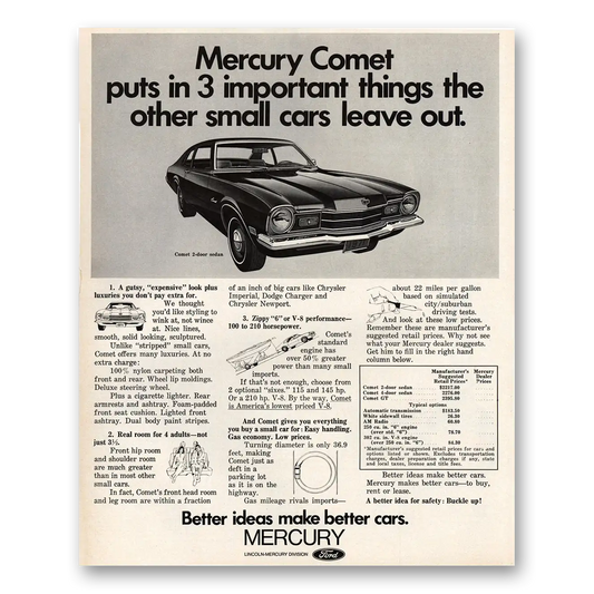 1970 Mercury Comet Important Things the Other Small Cars Leave Out Vintage Magazine Print Ad