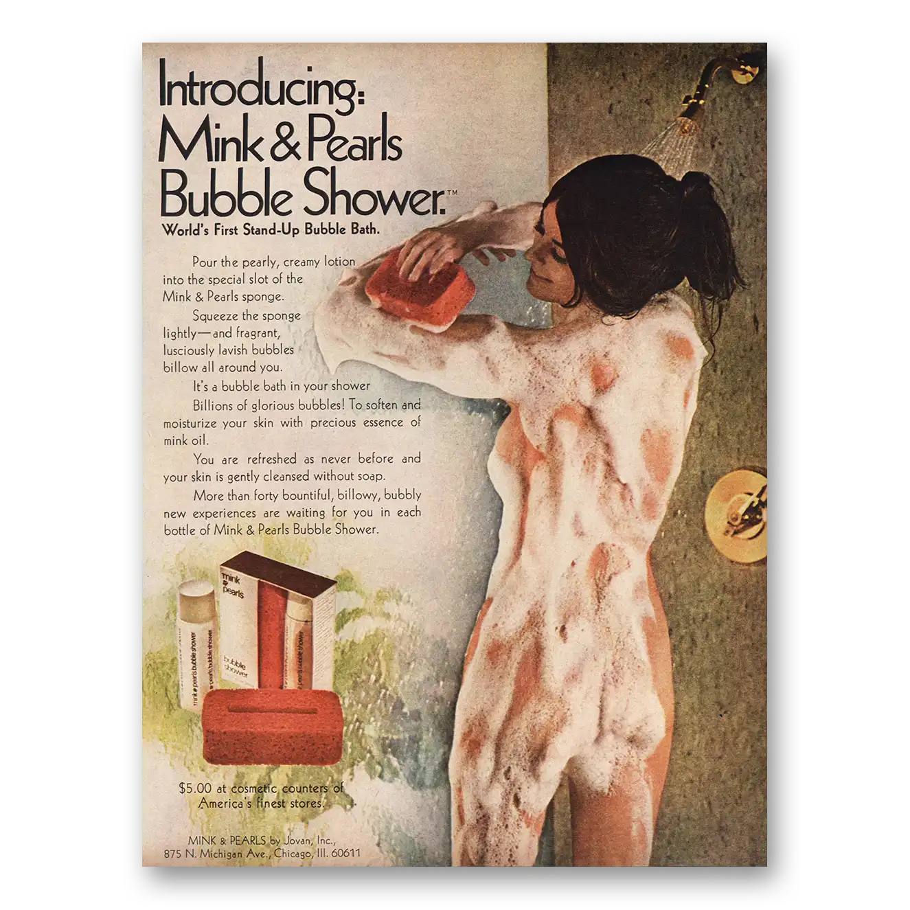 1971 Mink & Pearls Bubble Shower Vintage Magazine Print Ad