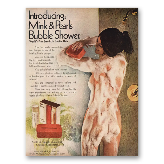 1971 Mink & Pearls Bubble Shower Vintage Magazine Print Ad