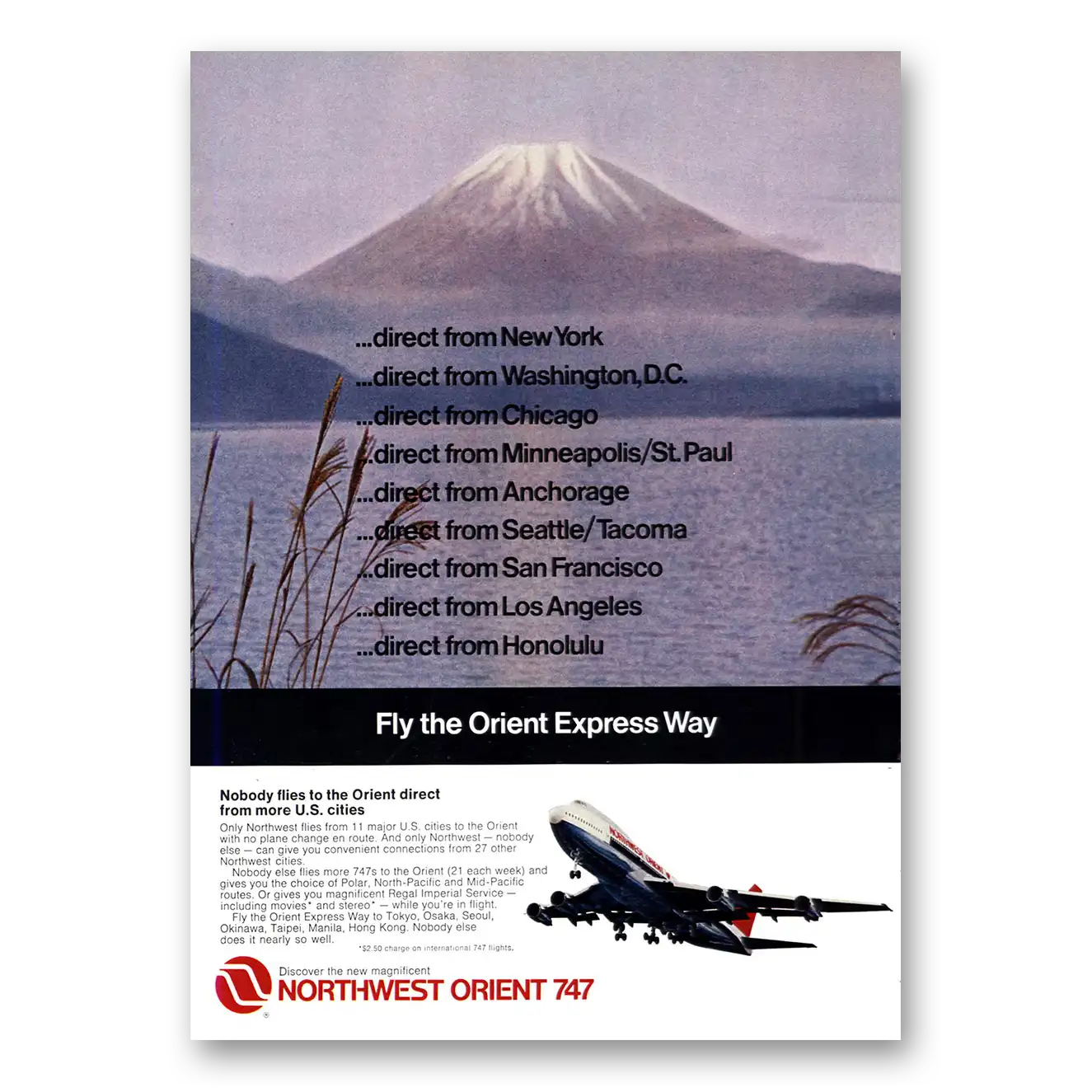 1971 Northwest Orient Airlines Nobody Flies to the Orient Direct Vintage Magazine Print Ad