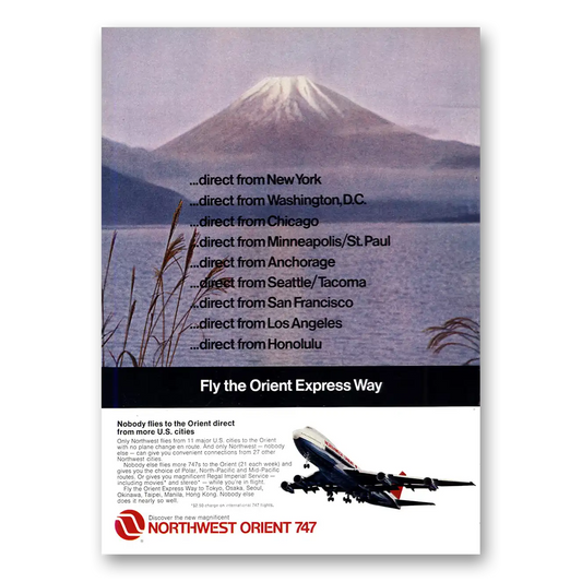 1971 Northwest Orient Airlines Nobody Flies to the Orient Direct Vintage Magazine Print Ad