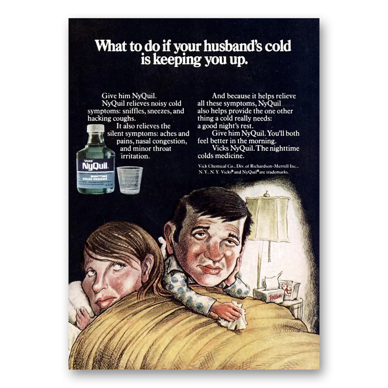 1971 Vicks Nyquil Husbands Cold Is Keeping You Up Vintage Magazine Print Ad