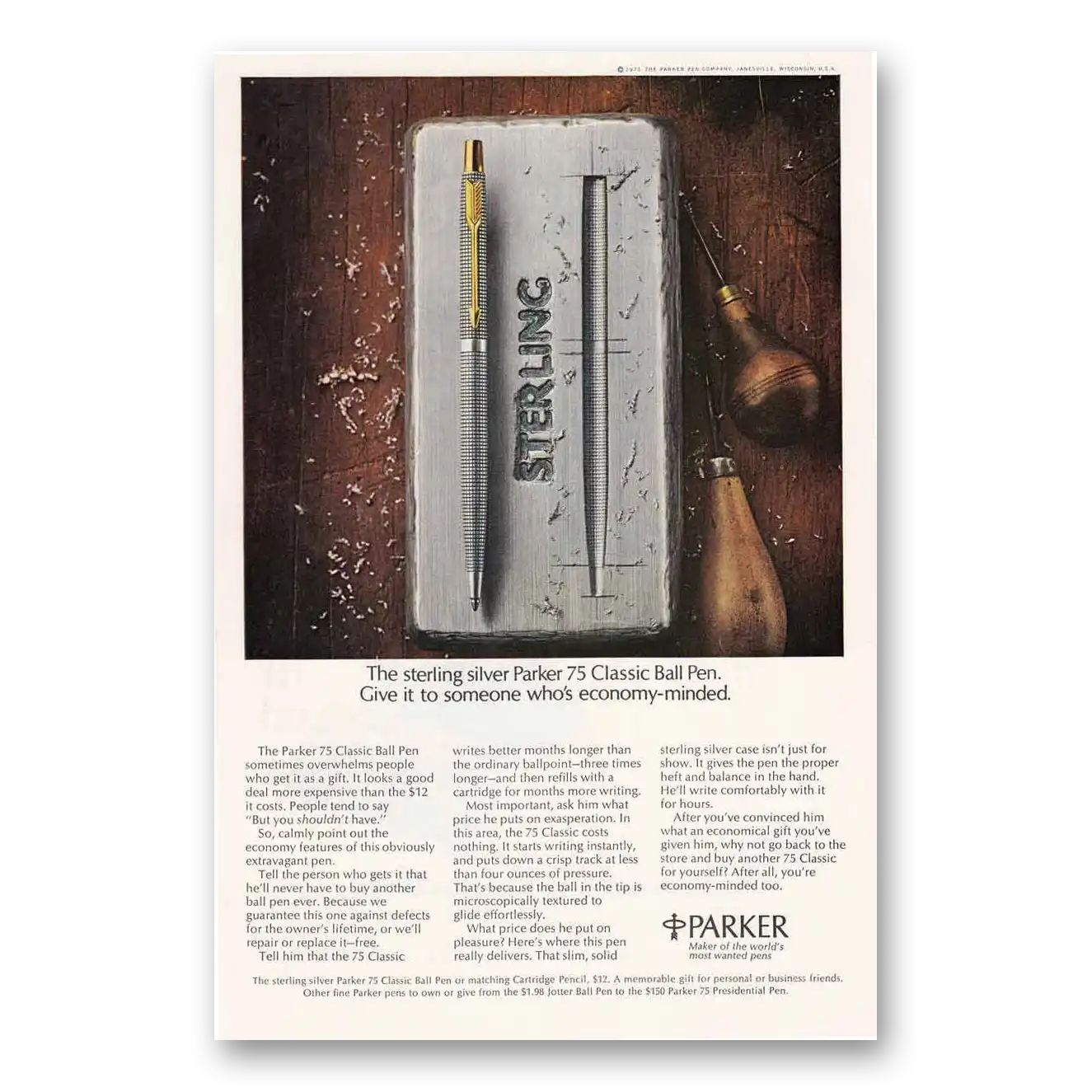 1971 Parker 75 Pen Classic Pen Sterling Silver Vintage Magazine Print Ad