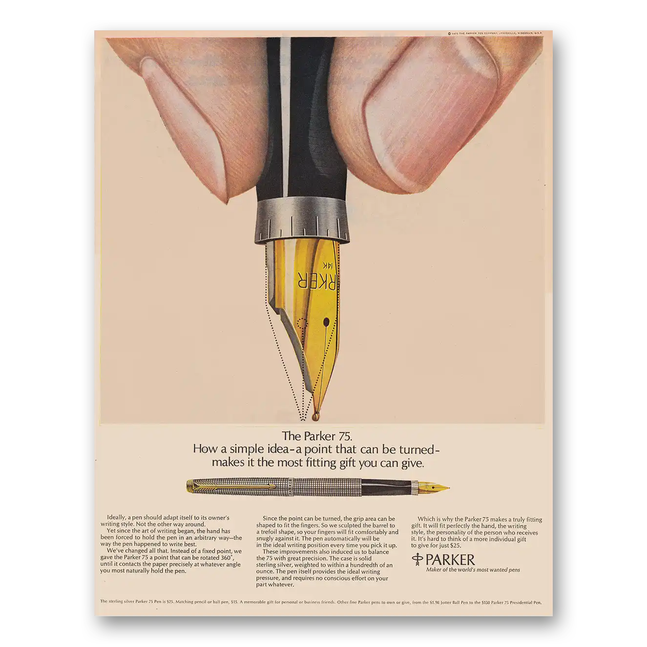 1971 Parker 75 Pen Simple Idea A Point That Can Be Turned Vintage Magazine Print Ad