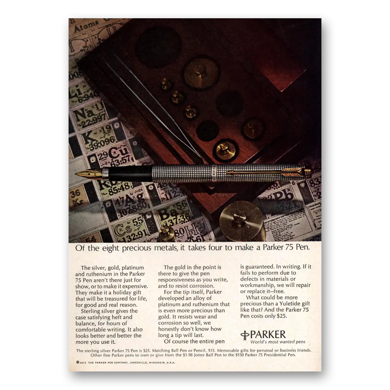 1971 Parker 75 Pen Eight Precious Metals Vintage Magazine Print Ad