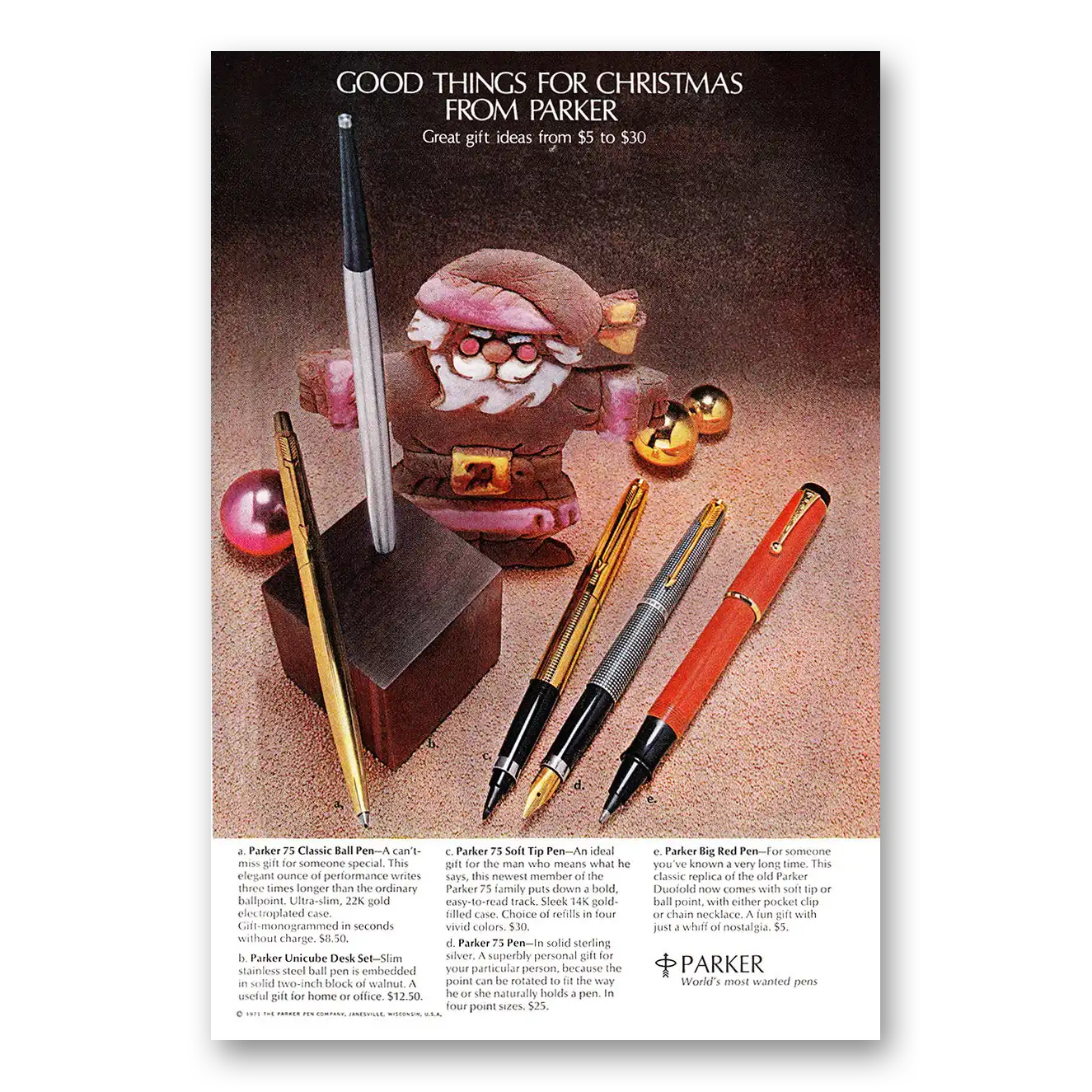 1971 Parker 75 Pen Good Things for Christmas Vintage Magazine Print Ad