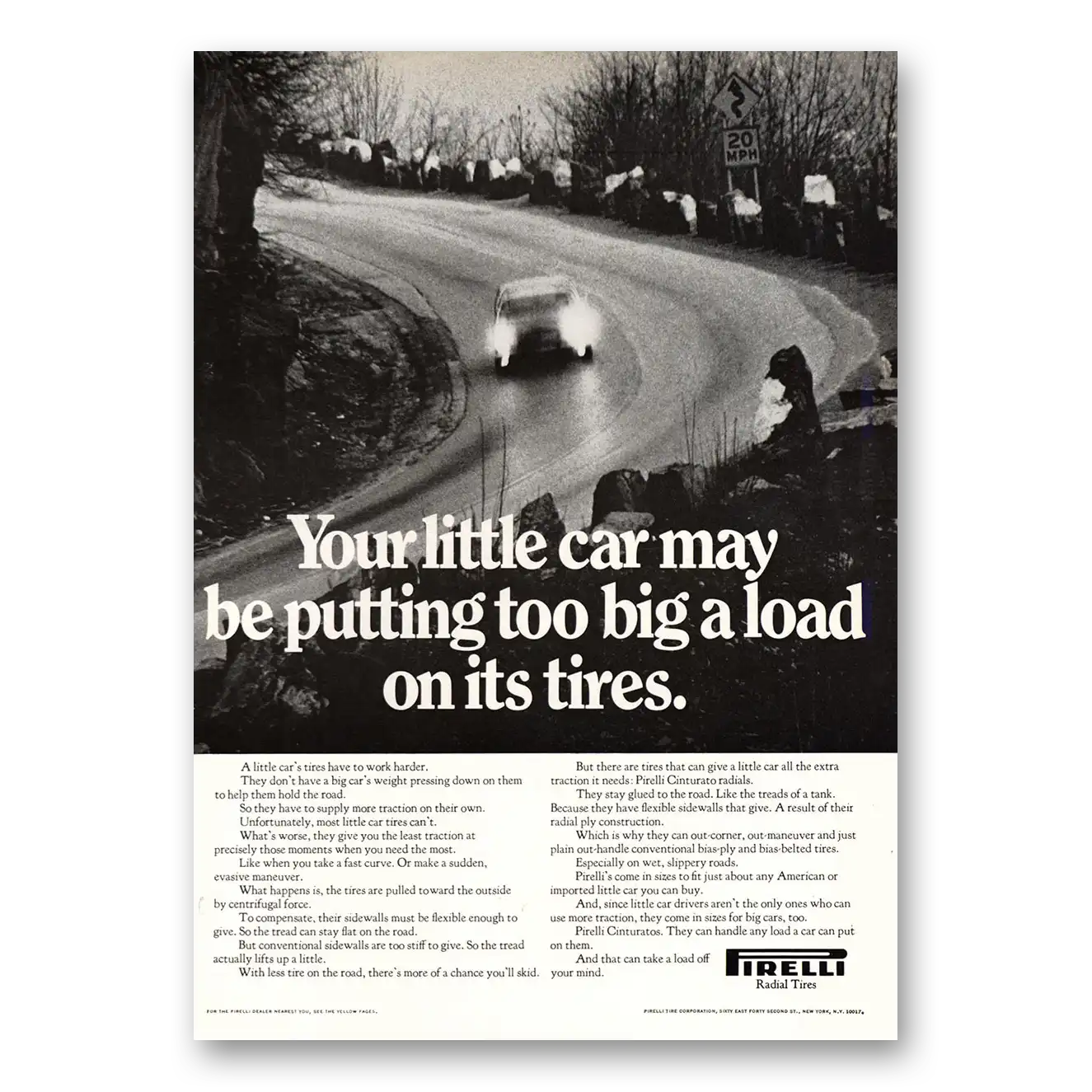 1971 Pirelli Tires Your Little Car May Be Putting Too Big a Load Vintage Magazine Print Ad