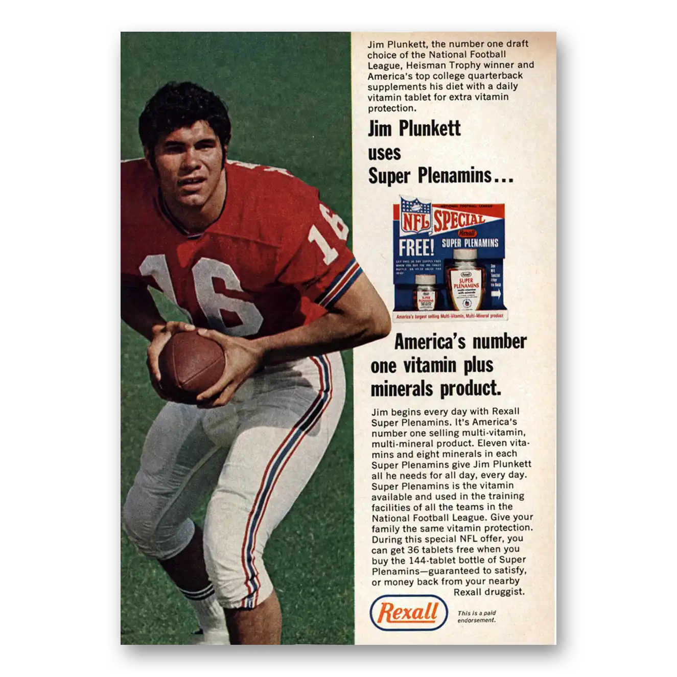 1971 Rexall Drug Stores Super Plenamins Jim Plunkett Vintage Magazine Print Ad