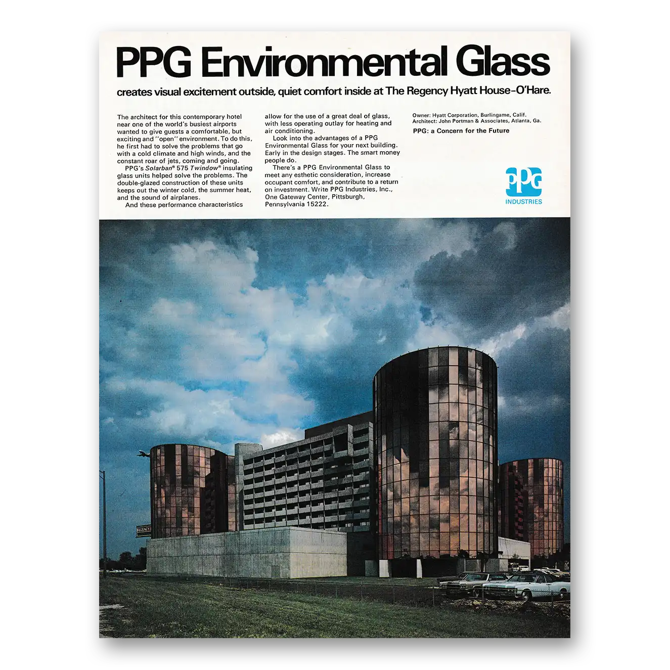 1971 PPG Pittsburgh Plate Glass Regency Hyatt House Ohare Vintage Magazine Print Ad