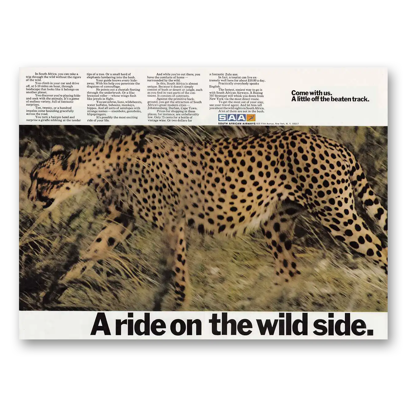 1971 South African Airways Cheetah A Ride On the Wild Side Vintage Magazine Print Ad